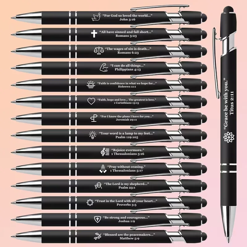 

15-piece inspirational Bible ballpoint pen set, featuring classic scripture symbol patterns, Christian faith pen