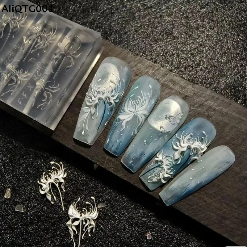 Molde 3D Lycoris Radiata de silicona para decoración de uñas, transparente, DIY, tallado de manicura, patrones florales de lirio rojo para uñas creativas