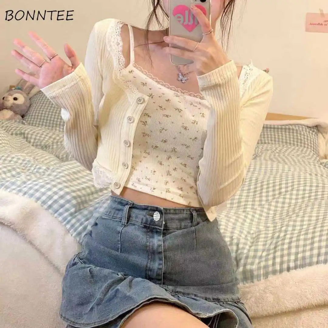 Women Sets Long Sleeve Knitted Cardigans Button-up Lace Floral Printed Camis Cropped Tops Students Sweet Sunproof Summer Chic