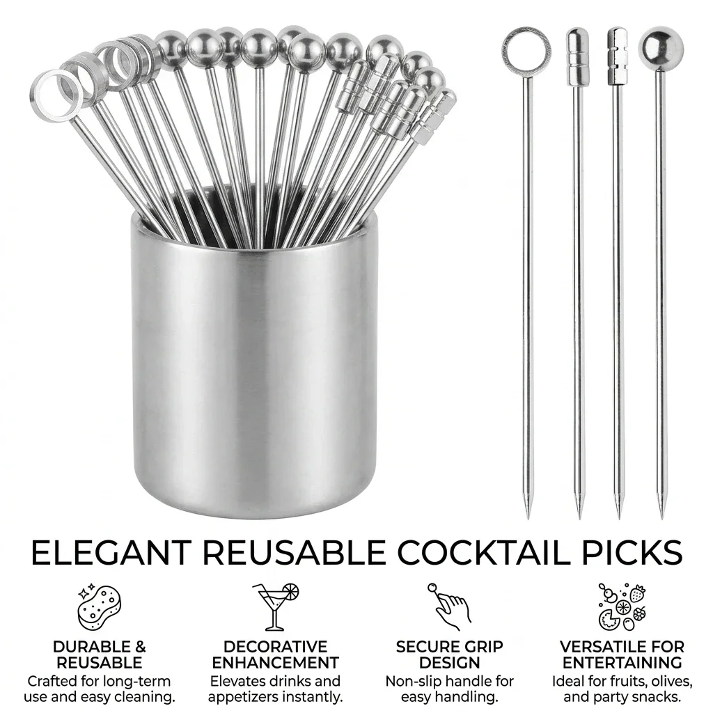Cocktail Picks Stainless Steel Decorative Toothpicks Reusable Appetizer Forks for Party Drinks Olives Fruit Durable Luxury