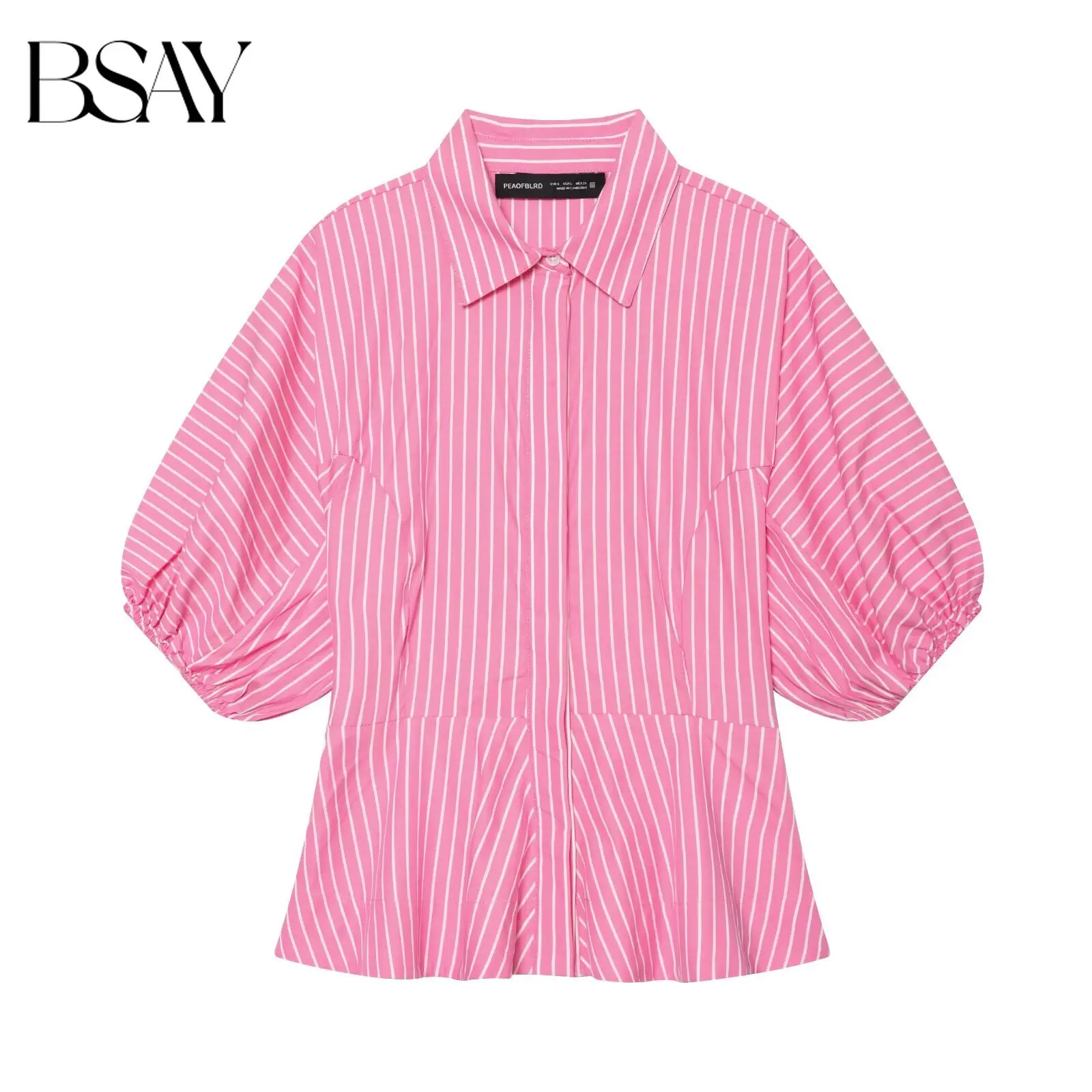 BSAY Neue Sommer-Damenbluse im Süßen Stil, Rosa Gestreift mit Revers und Puffärmeln, Geraffter Saum, Schlanke Passform, Lässiges Büro-Oberteil
