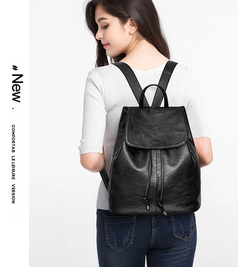 Drawstring Women Backpacks Anti Theft Ladies Travel Bags Leather Girl's School Bags