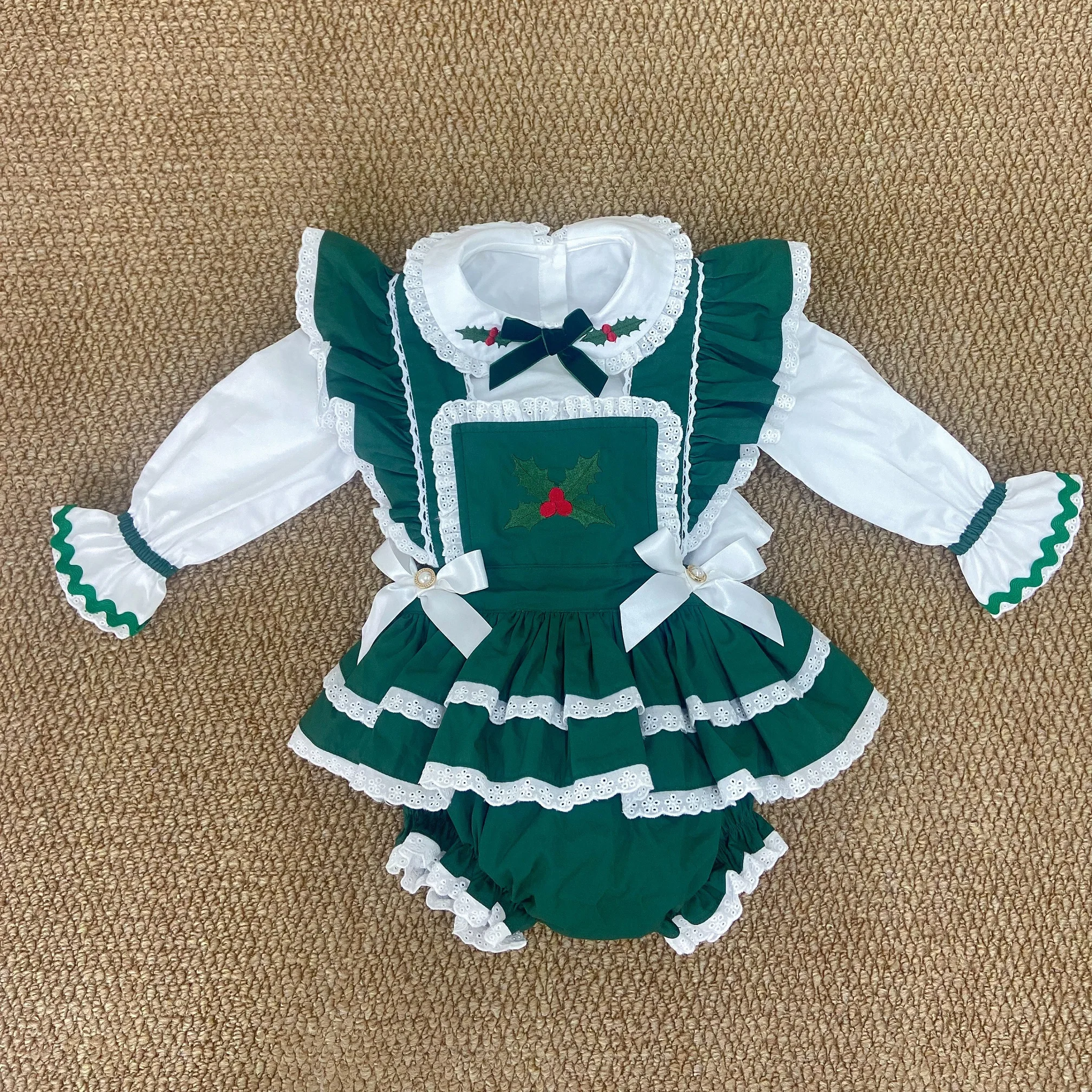 Autumn Baby Girl Green White Lace Ruffle Outfit Embroidery Suit for Birthday Holiday Easter Eid Christmas C424 view 2