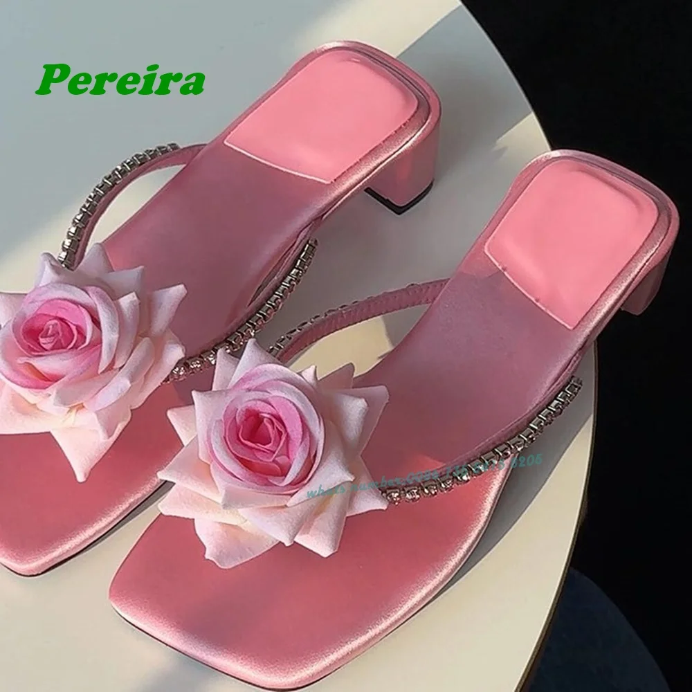 

Flower Pink Satin Slippers Square Toe Crystal Chunky Heels Women's Slippers Summer Newest 2024 Flip Flops Luxury Cute Shoes