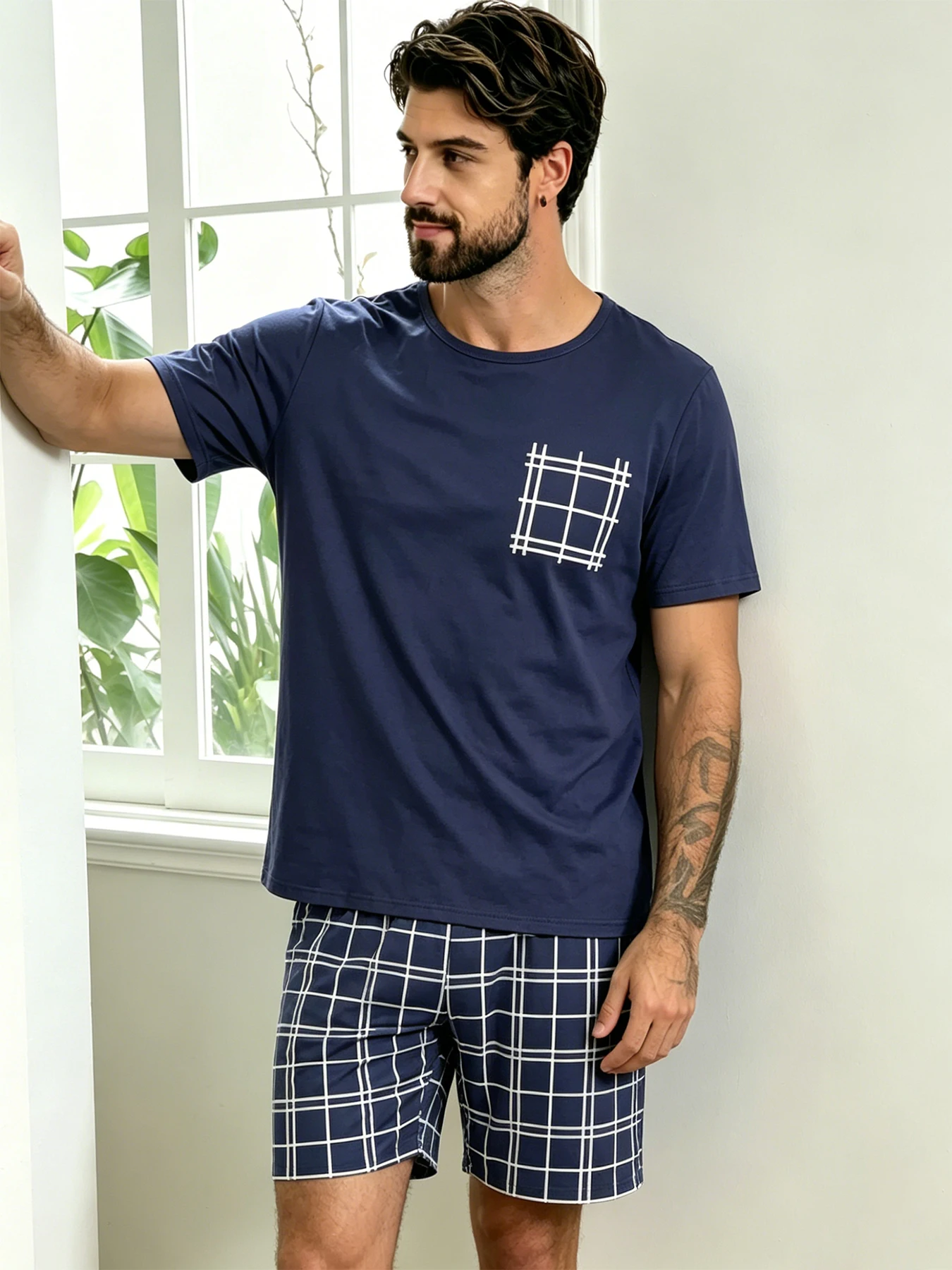 Pyjama-Set mit Buchstaben-Bär-Aufdruck, kurzärmliges Oberteil und lockere Shorts, atmungsaktiver Stoff, große Passform, Herren-Loungewear, Nachtwäsche, Pjs – Detail 11