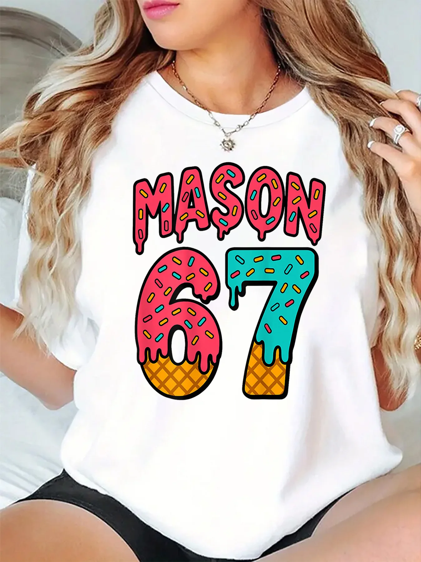 Cute Ice Cream Drip Mason 67 With Color Sprinkles Art Print Graphic Ladies T Shirt Short Sleeve Crew Neck Casual Tee Tops