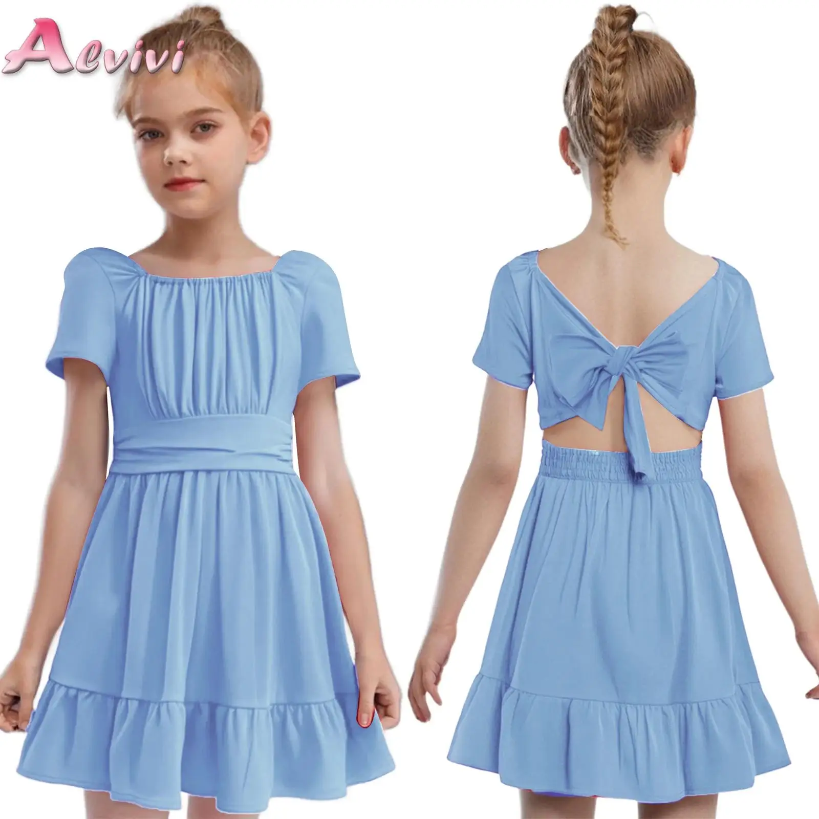 

Kids Girls Elegant Party Dress Short Sleeve Lace-up Back Ruched Ruffle Dress for Birthday Party Wedding Vacation Beach