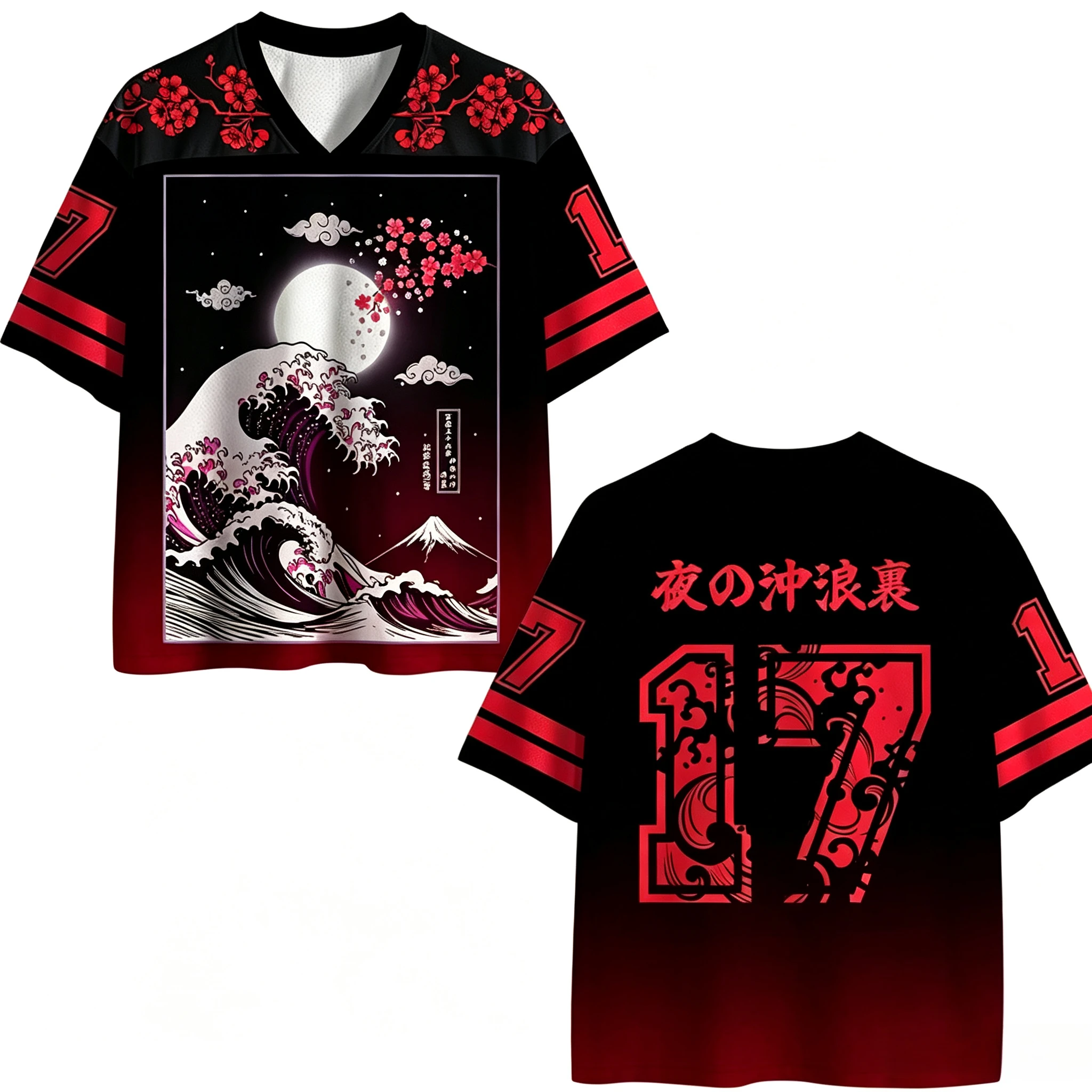 2627 Ukiyo‑E Night Wave Moon Sakura Graphic Jersey Tee Unisex Japanese Kanji Number 17 Print Hip‑Hop Street Fashion V Neck Top