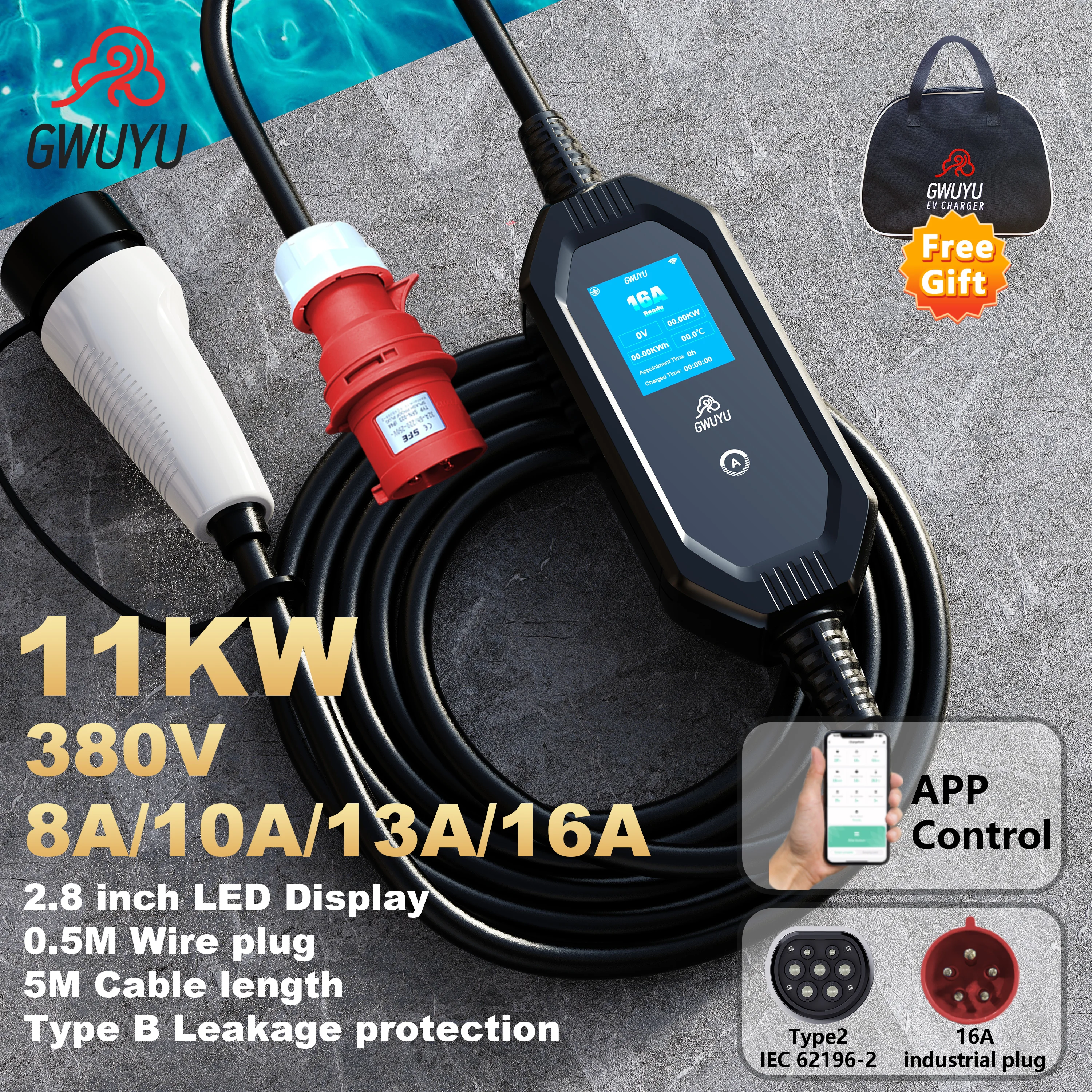 

Portable EV Charger GWUYU M68 Type 2 7.6KW 32A 11KW 16A 3 Phase 380V Wifi APP Current Adjustable IEC62196-2 EVSE Car Charger