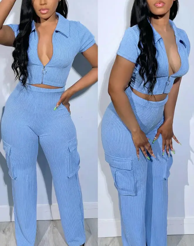 

Women's Short-Sleeved Slim Fit Crop Top and High-Waisted Elastic Belt Pocket Design 2-Piece Set
