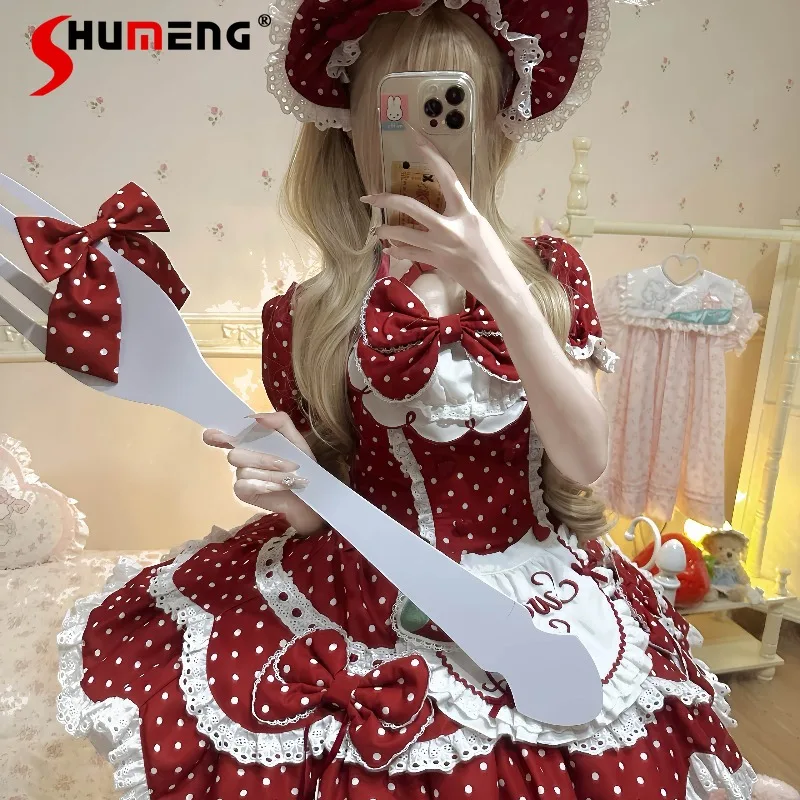 

Beautiful Sweet Y2k Dresses Polka Dot Japanese Style Original Lolita Op Jsk Strawberry Suspender Dress Y2k Daily Wear Clothes