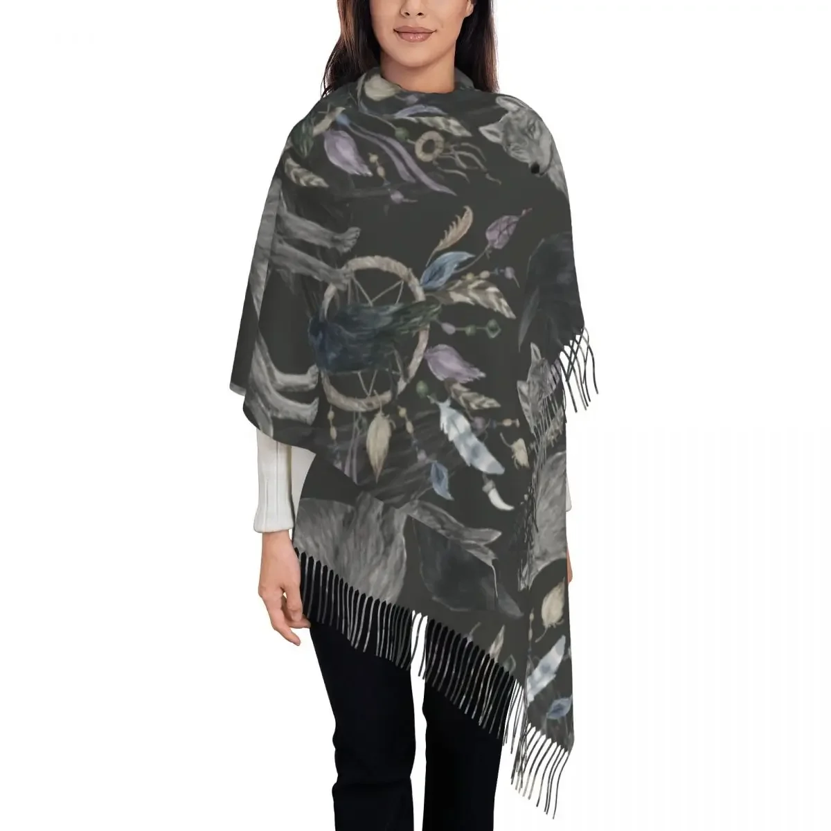 Watercolor Painting With Black Raven And Wolf Women's Tassel Shawl Scarf Fashion 