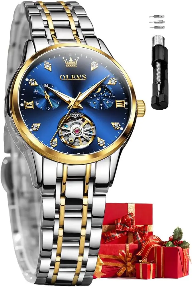 ساعة نسائية أوتوماتيكية فاخرة مع مرحلة القمر، ستانلس ستيل ذهبي/فضي، مقاومة للماء #1