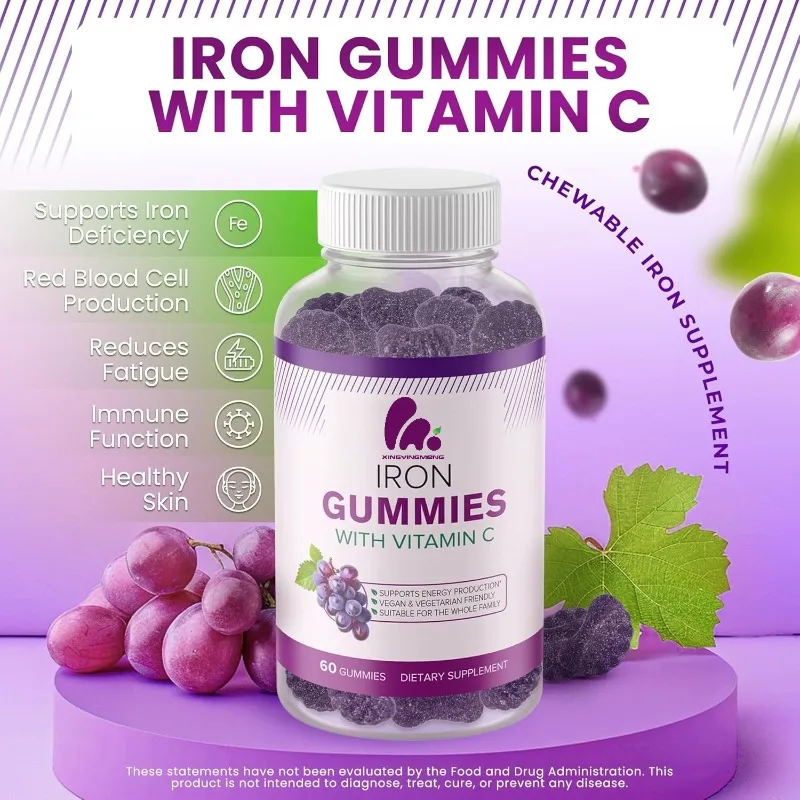 

Iron gummies containing vitamin C - red blood cell support, energy, immune supplements, maximum absorption, 60 vegan gummies