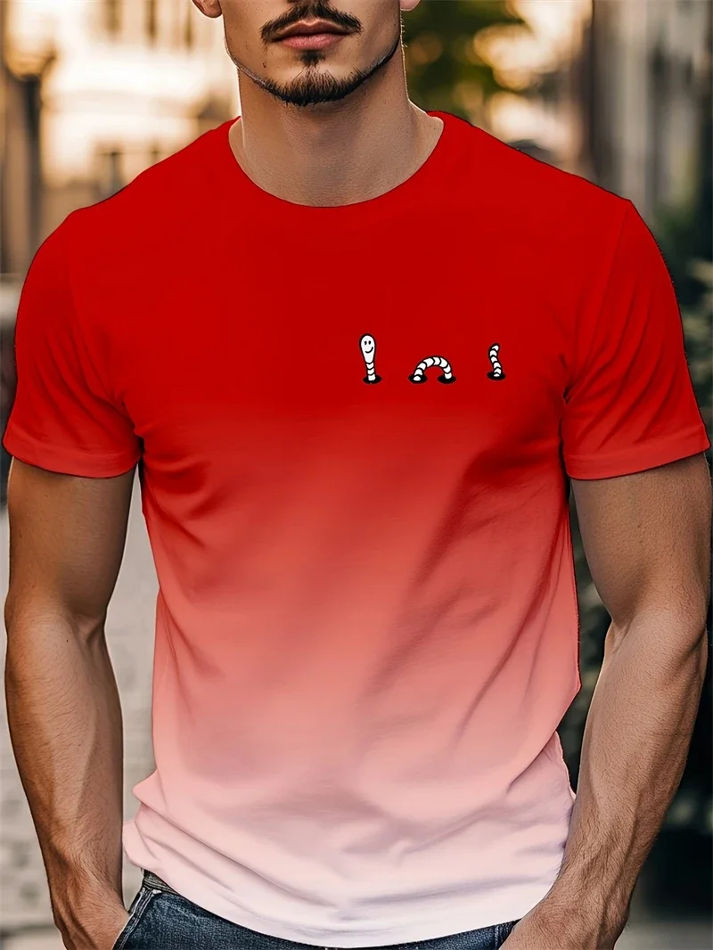 Lustiges Herren-T-Shirt mit rotem und weißem Farbverlauf und Schlangenmuster, Rundhalsausschnitt, kurze Ärmel, lässige Streetwear, atmungsaktive T-Shirts