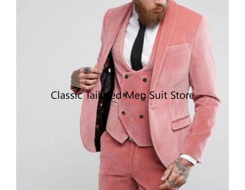 

2024 Elegant Pink Velvet Suits for Men Shawl Lapel 3 Piece Jacket Pants Vest Blazer Sets Business Gentleman Male Clothing