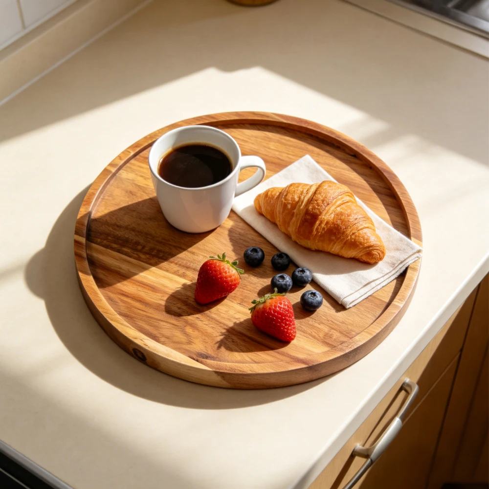Round Acacia Wood Serving Tray, Decorative Wooden Tray with Raised Edge for Coffee Table, Food, Drinks