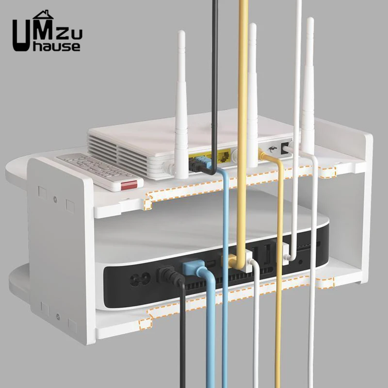 2 Tier Floating Shelves Wifi Router Hanging Layer Multi Tap Outlet Set Top Box Holder Cable Bracket Wall Mount Storage Organizer