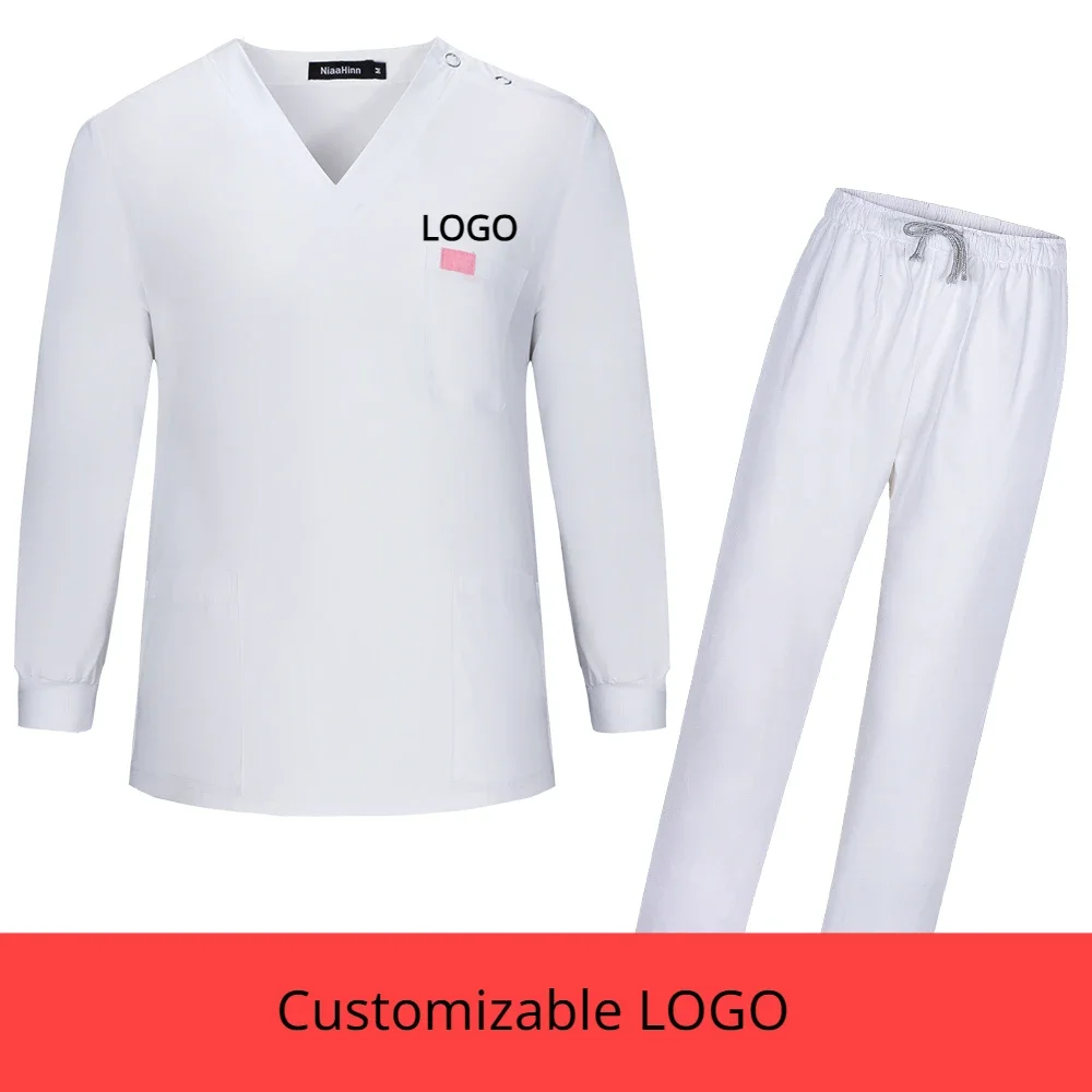 Customizable LOGO Unisex Scrub Set V-neck Top+pants Uniform Long Sleeved Doctor Clothes Overalls Pet Grooming Nursing Workwear