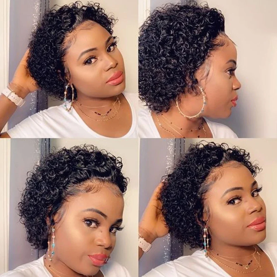 Pixie Cut Bob Perücke Afro Lockig Jerry Curly Kurz Machine Made 100% Echthaar Brasilianisch Natur Schwarz Versand aus FR Lager für Frauen – Detail 9