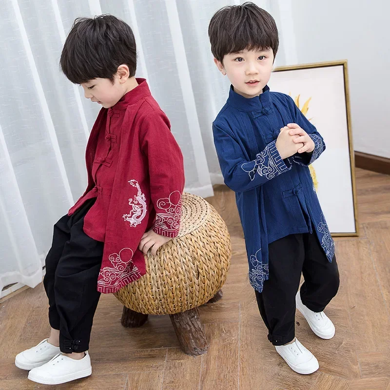 

Kids Hanfu Boys Modern Chinese Style Hanfu Baby Tang Suit Children Retro Clothing Improved Wine Red Performance Kung Fu Uniform