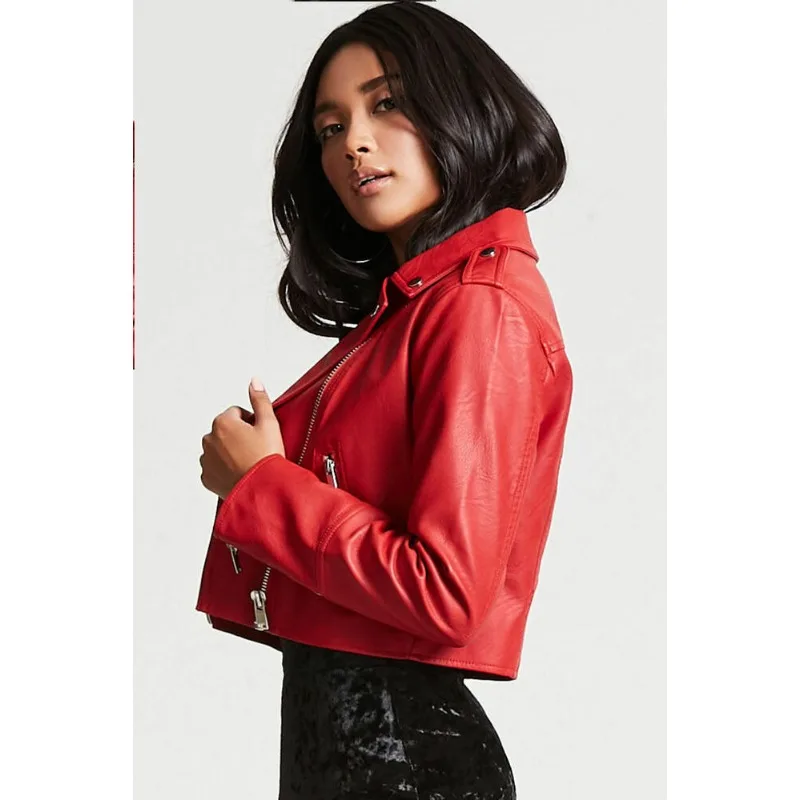 Chaqueta de piel de cordero 100% auténtica para mujer, abrigo corto rojo para motocicleta