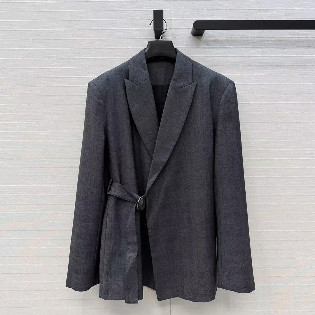 

2026 New Spring Fashion 100% Cotton Blazer Suit Women Notched Long Sleeve Slim Belt Dark Grey Plaid Casual Jacket