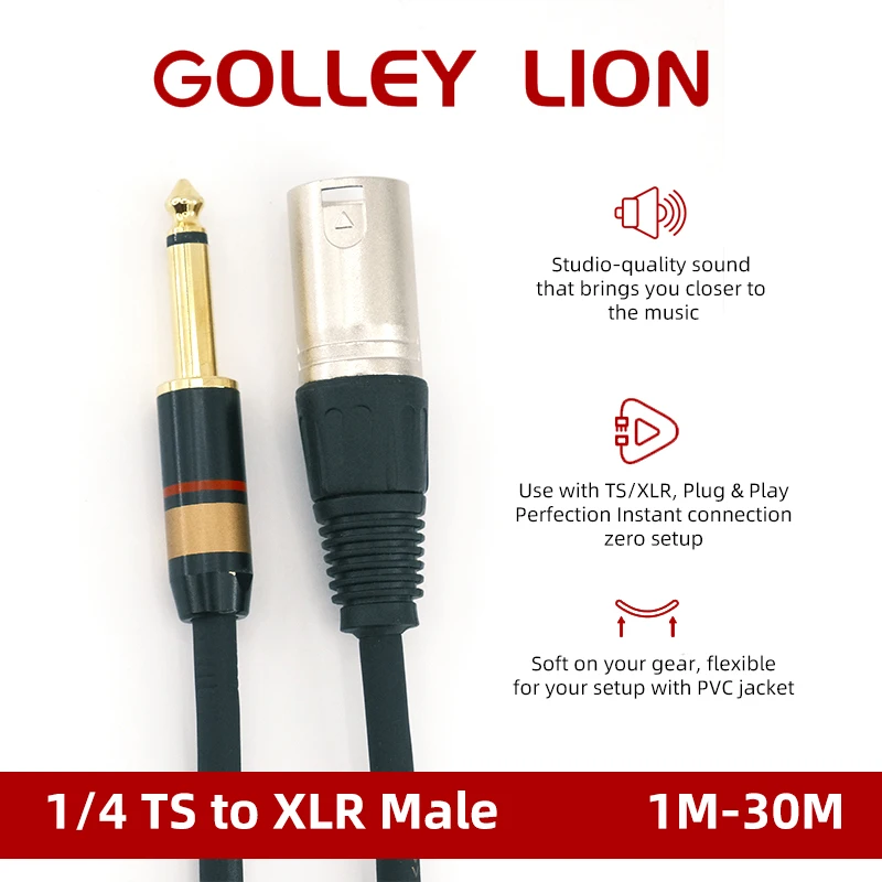 3Pin XLR Male to TS 1/4’’  Audio Cable 6.35mm Interconnect Patch Cord for Microphones Speakers Amplifiers Studio Sound Consoles