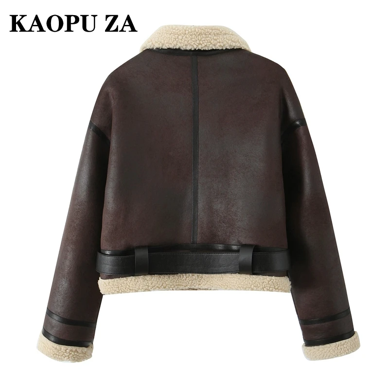 KAOPU ZA 2024 Autumn Woman Trendy Long Sleeve Faux Leather Outerwear Jacket Fashion Winter Lady Turn-down Collar Keep warm Coat