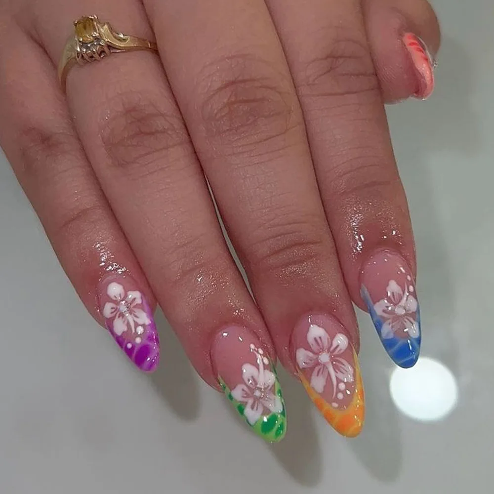 24Pcs White Flower Short Almond Press-on Nails Set Glossy Acrylic Full Cover Blue French Fake Nails Arts For Women and Girls image 3