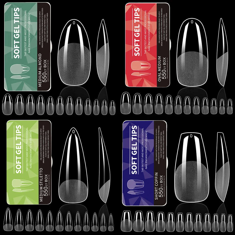 550 piezas de puntas de uñas suaves de gel, cubierta completa, puntas postizas para extensiones acrílicas, almendra corta, transparentes, uñas artificiales 4