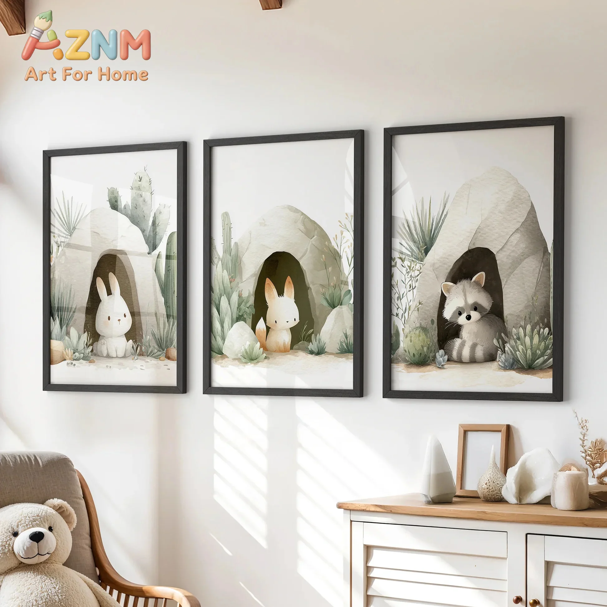 AZNM Desert Animal Canvas Wall Art Rabbit Fox Raccoon Cactus Cave Watercolor Frameless Canvas Painting Nursery Kids Room Home De