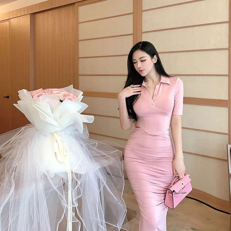 

Wang Jiujiu Women's Ne ort T-irt High Waist Bodycon Pleated f-length Skirt Faionable Pure Desire Set Polyeste...