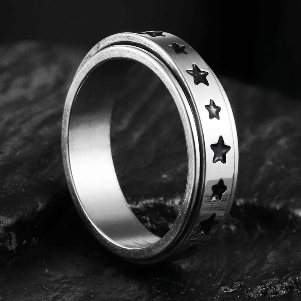 6MM Silver Color Stainless Steel Rotatable Star Rings For Men Women Trendy Male Stylish Punk Metal Ring Spinner Jewelry Gift
