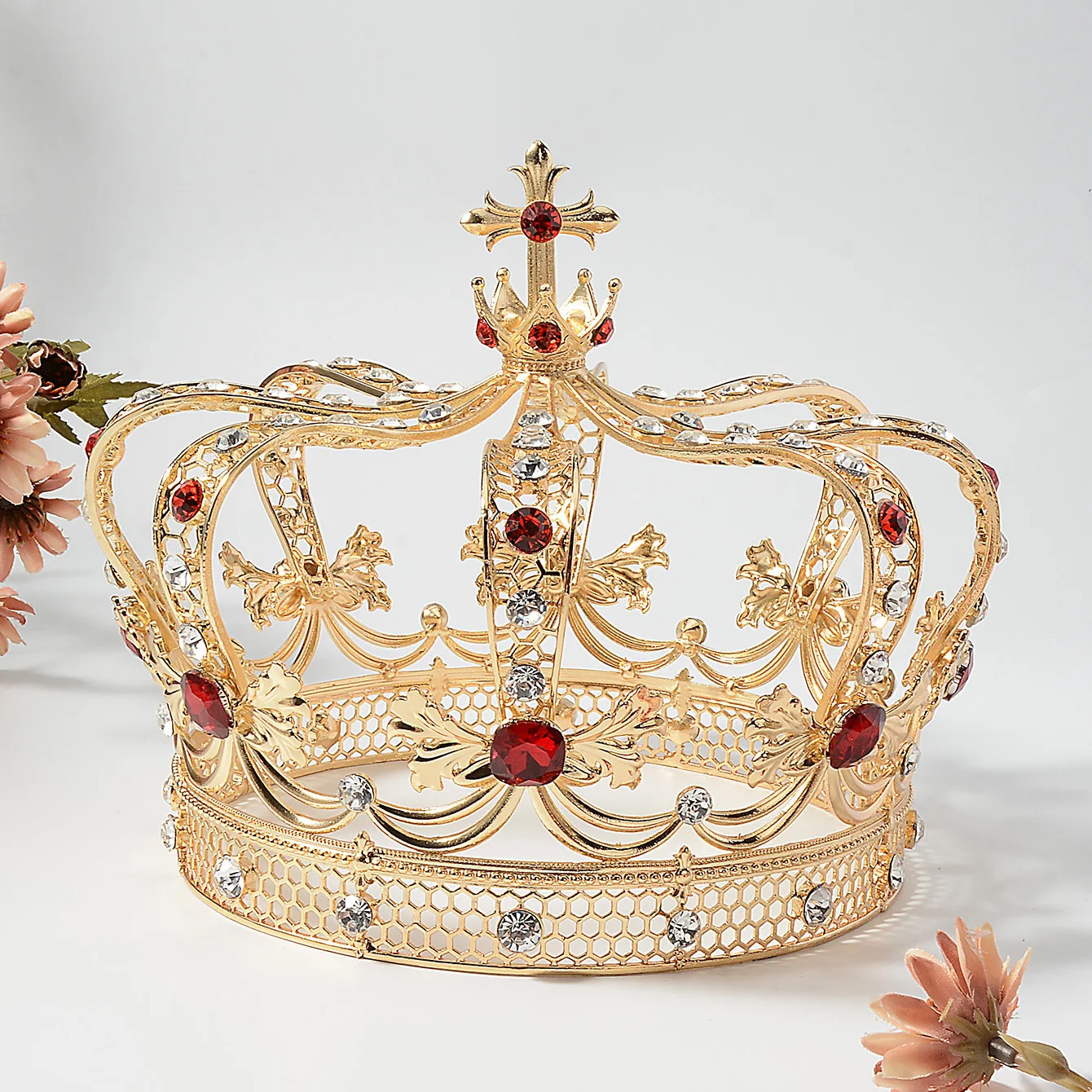 

Baroque Cross Crown With Red Rhinestone Queen's Tiara Party Headwear