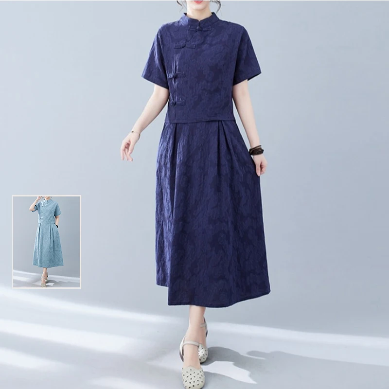 

Модный комплект из двух предметов из хлопка и льна с воротником-стойкой, юбка длиной до пола, летняя одежда в этническом стиле с высокой талией для женщин...