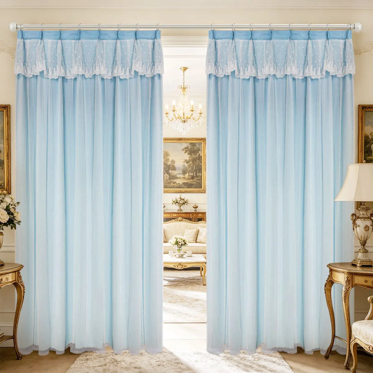 Sky Blue Double Layer Lace Valance Pinch Pleat Curtains, Sheer Light Filter Drapes for Fresh French Kid Bedroom Decor