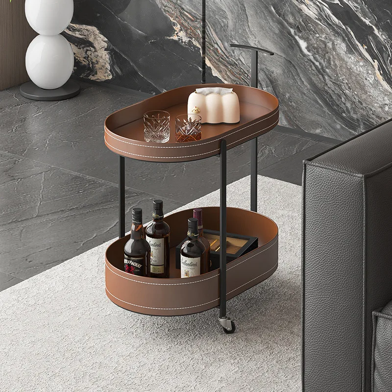 Movable sofa side table, saddle leather cart, home living room, coffee table, snack rack