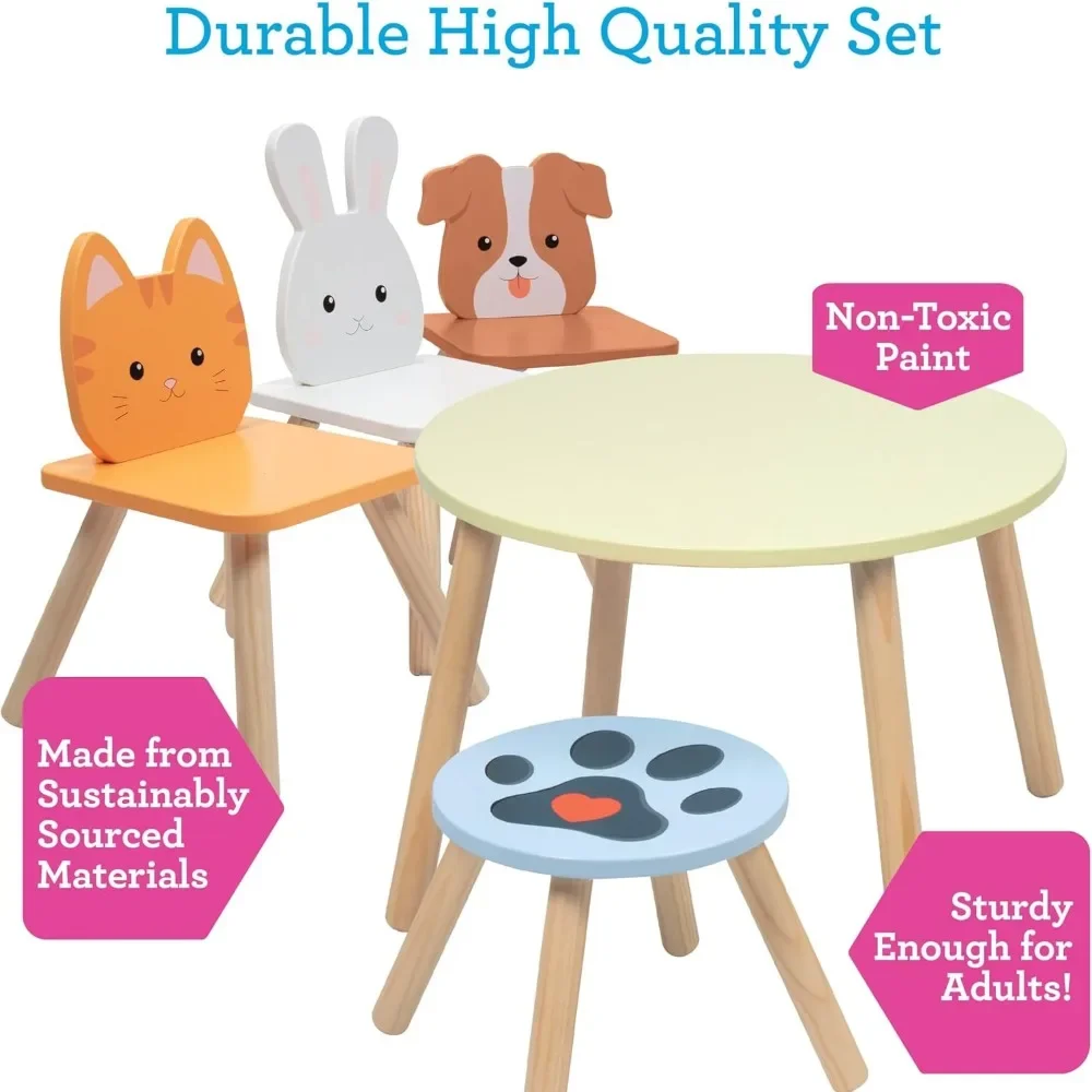 Kids Wooden Animal Table & Chair Set w 3 Seats (Puppy Kitten & Bunny) & Adult Stool for Arts Crafts, Dining