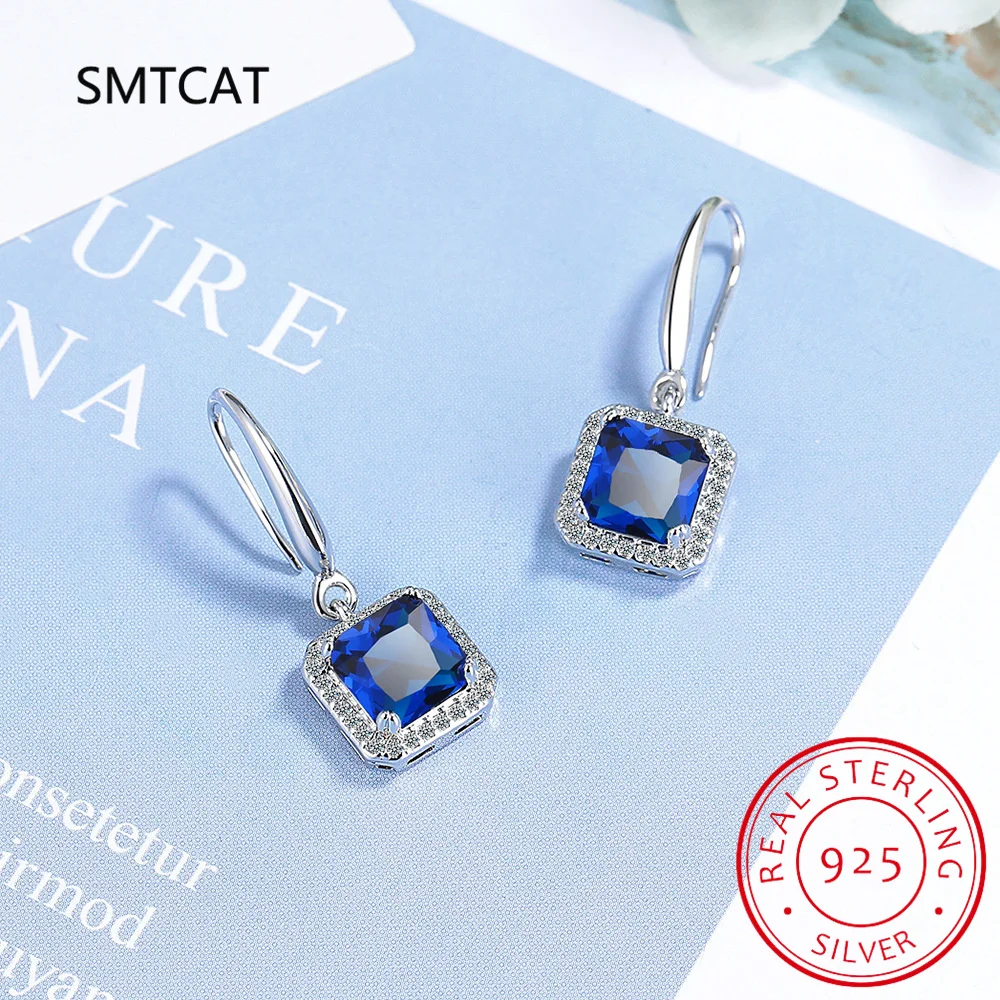 Total 1.73ct Princess Cut Created Blue Sapphire Square Dangle Drop Earrings 925 Sterling Silver for Women Gemstone Fine Jewelry
