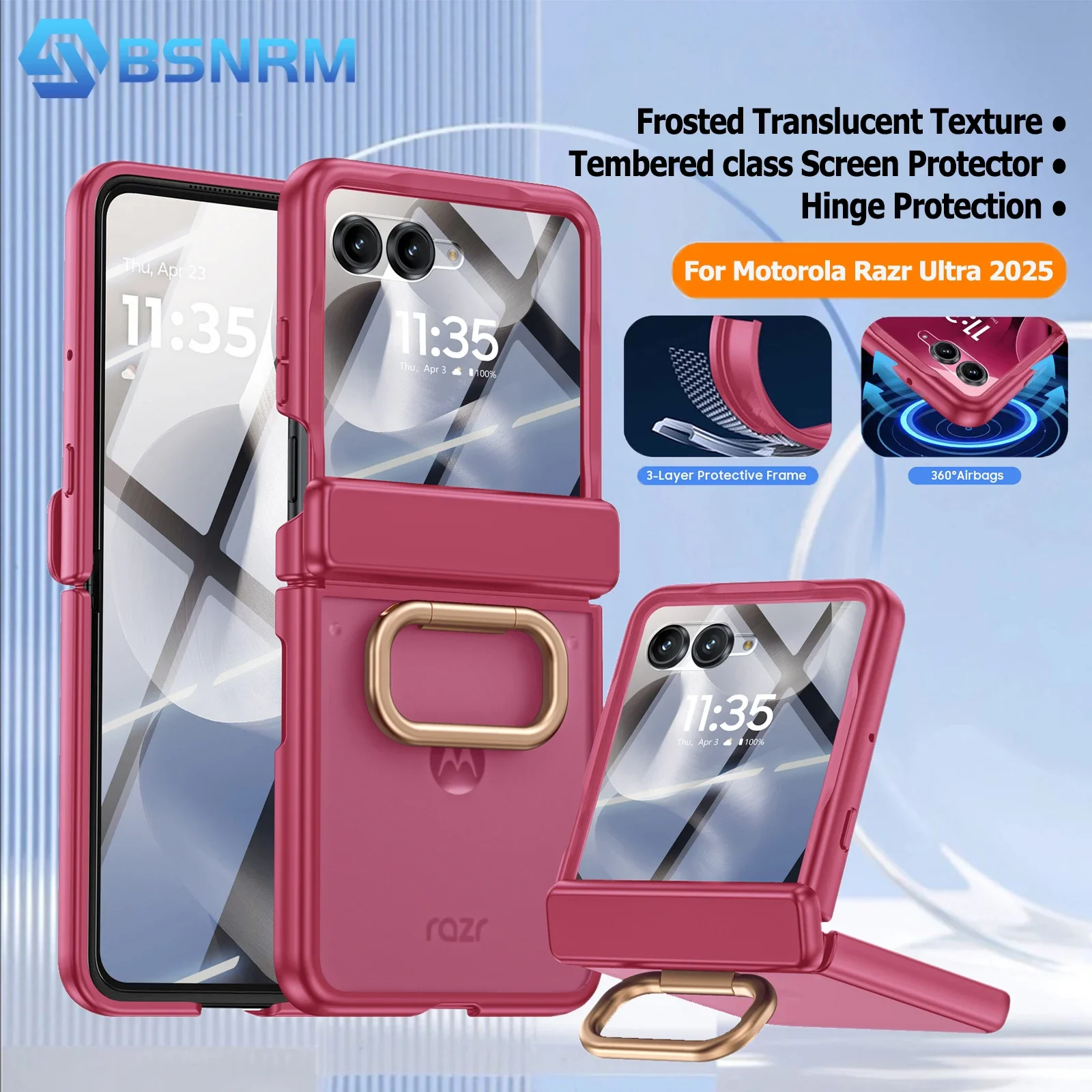 

С кольцевым держателем, защитной пленкой для экрана и защитой шарнира, матовый противоударный чехол для телефона из ПК для Motorola Razr Ultra 2025, розово-красный