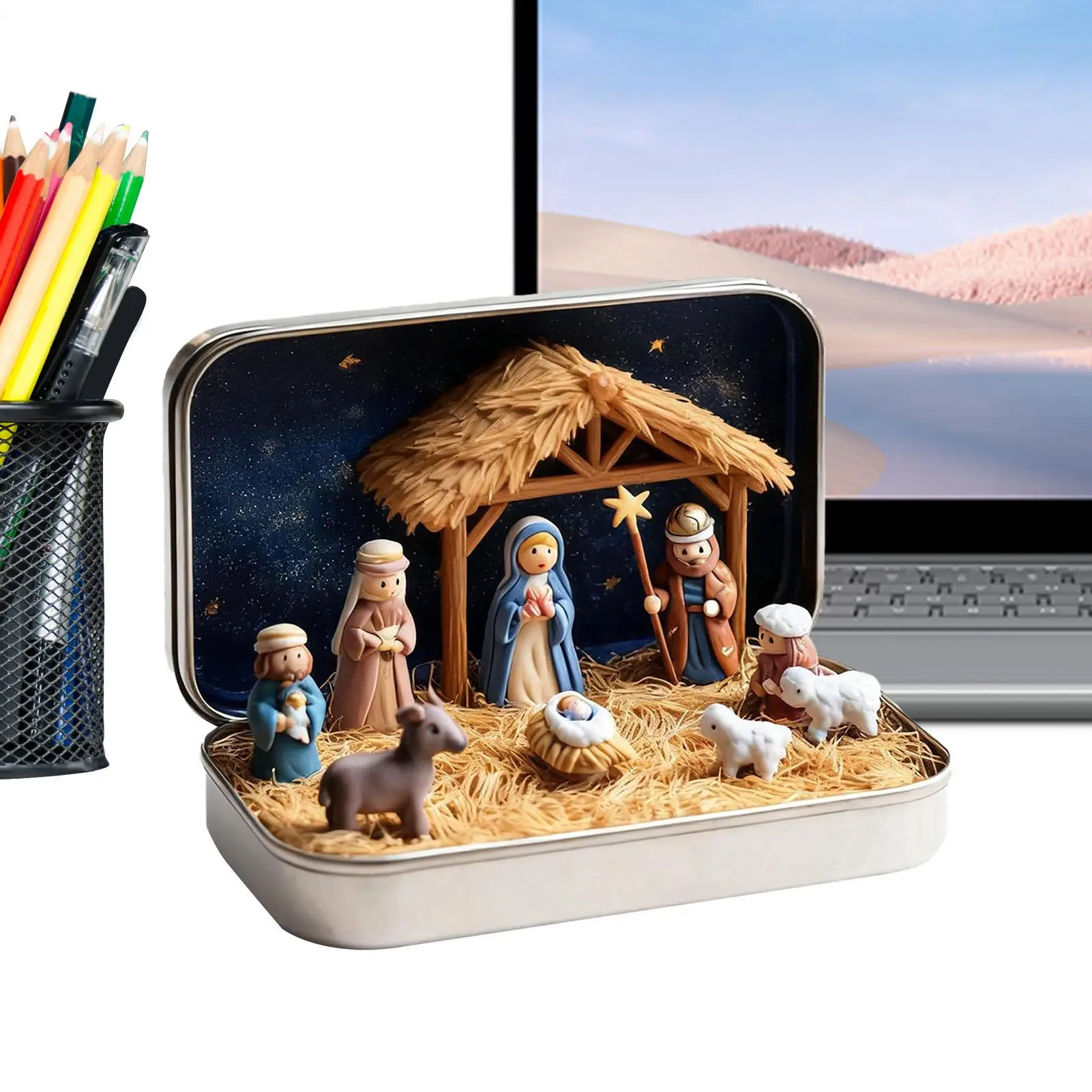 Miniatur-Weihnachts-Jesus-Geburtsszene, Eisenbox-Set in einer Blechdose, handgefertigte Taschen-Krippe, Geschenk, kleine religiöse Verzierung