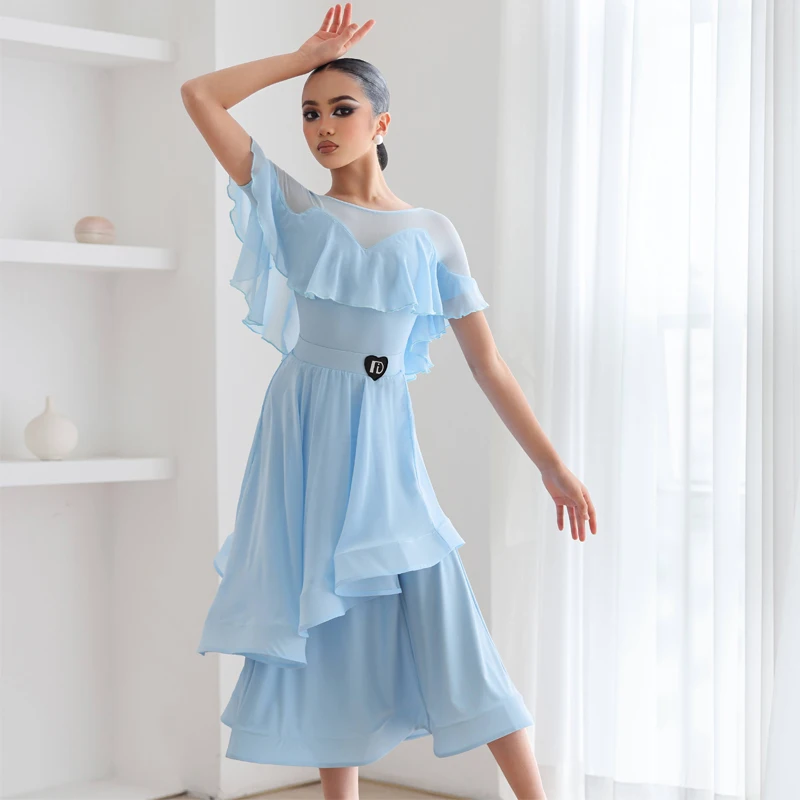 Costumes professionnels de danse latine bleue pour filles, robes de danse latine à volants, Costume de concours de danse de salle de bal pour enfants, SL12155