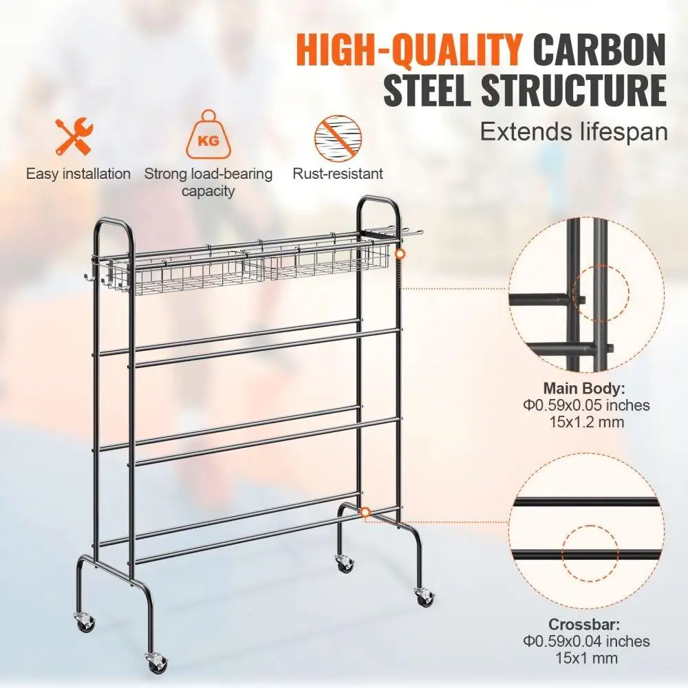 농구 랙, 4 층 롤링 농구 사격 훈련 스탠드, 바퀴, 후크 및 스포츠 장비 보관 정리함