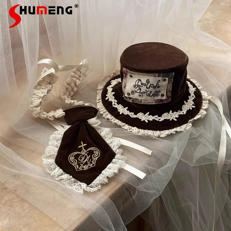 

Японский шляпный фетр Rojita в стиле Y2K: Оригинальный коричневый бархатный цилиндр и галстук, аксессуары для одежды, кавайные федоры, новинка весны 2026, женские шляпы