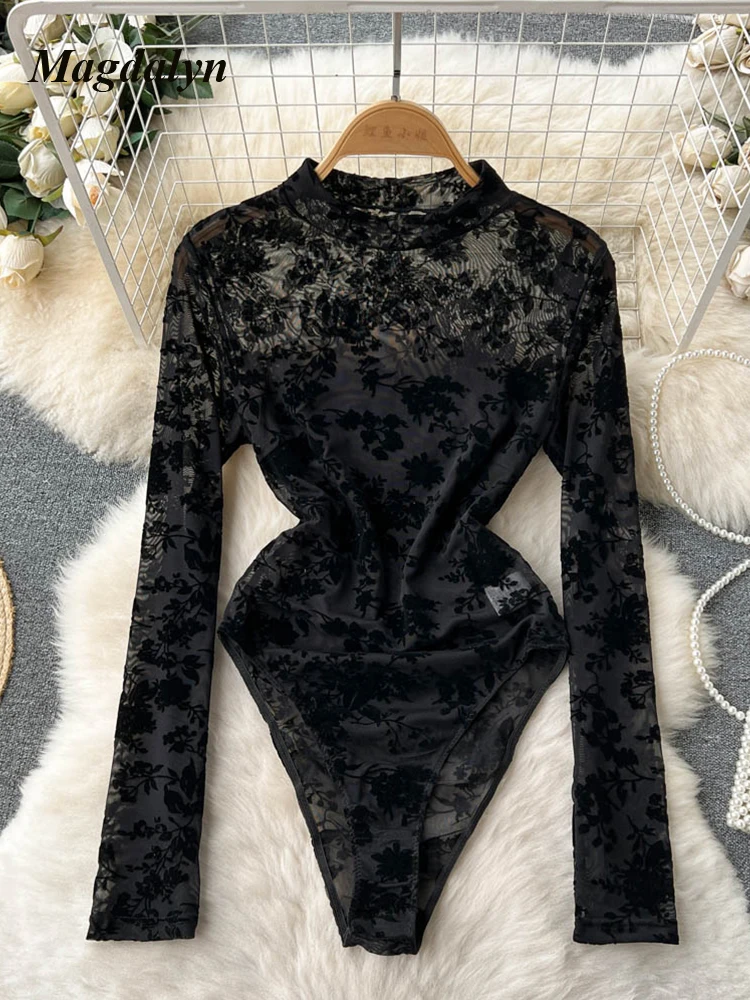 Magdalyn Women Sexy Bodycon Print Transparent Rompers Streetwear Party Long Sleeves Catsuit Fashion Floral Combination Bodysuits