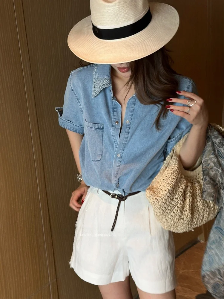 

Retro Embroidered Lace Hollow out ort Sve Denim irt Women's Spring Summer New Sle Ele Top Breathable Cotton ...