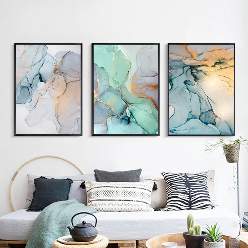 3Pcs/Set Fashion Simple Blue Ink Marble Canvas Art Picture Wall Chinese Style Smudging Living Room Family Decor Frameless