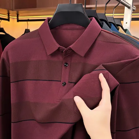 Einfaches Herren-Poloshirt mit langen Ärmeln, Kragen, Brusttasche, Knopfleiste, für Büro, Frühling, Herbst, Freizeit. – Detail 7
