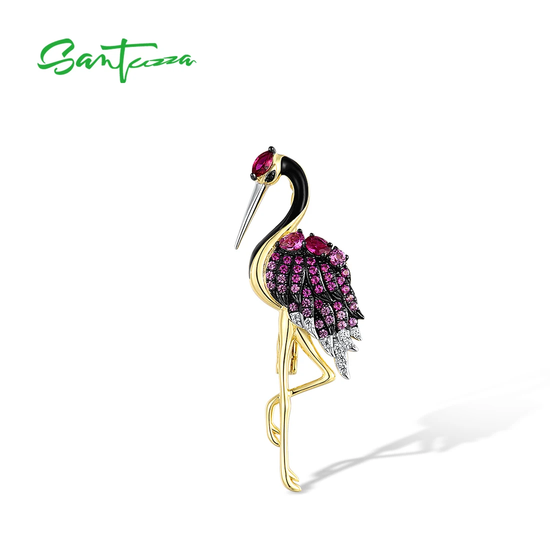 

SANTUZZA Pure 925 Sterling Silver Brooch for Women Created Pink Sapphire Ruby Flamingo Bird Animal Delicate Fine Jewelry